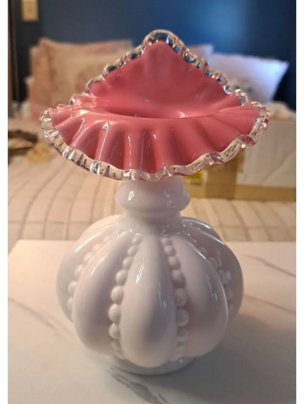 Vintage Fenton Beaded Melon Tulip Peach Crest Crimped Vase w/ Silver Lining 7